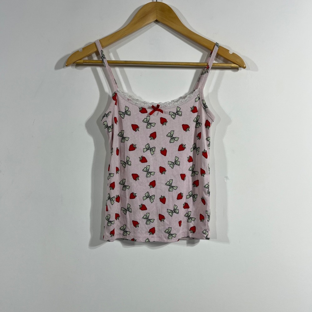 Womens Fruit Strawberry Bow Pointelle Lace Trim Cami Tank Top Coquette Small Y2K